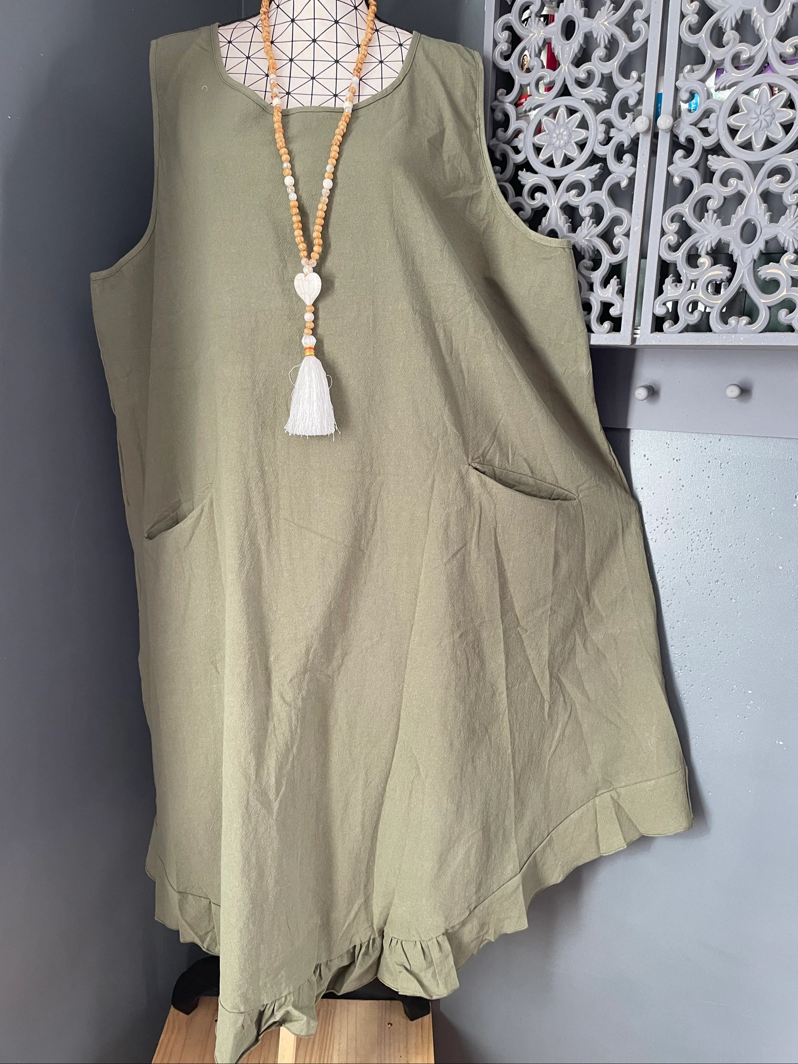 💖 kaki katoenen mouwloze jurk grote maat 54 ruime bohemien zakken 💖 – photo 4